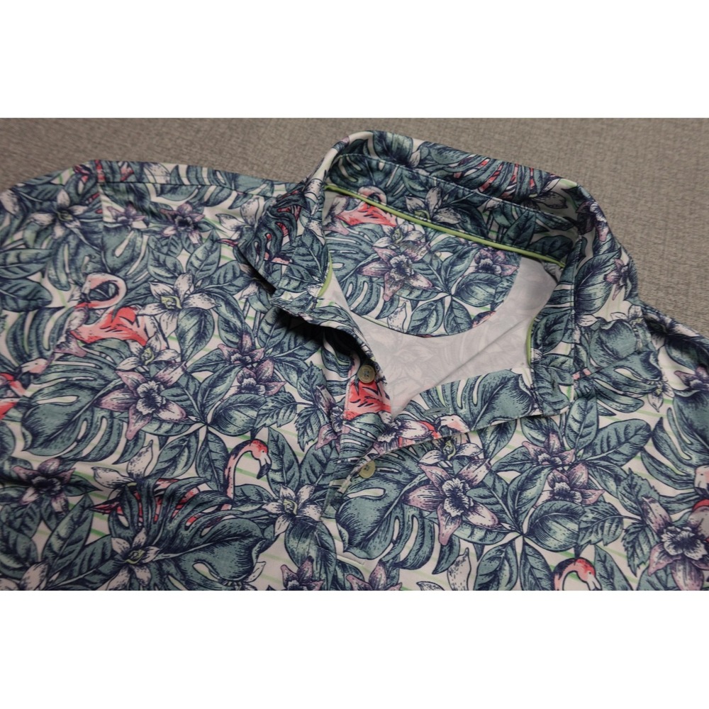 Johnnie-O Polo Mens Medium Blue Flamingo Floral Print Golf Performance Stretch
